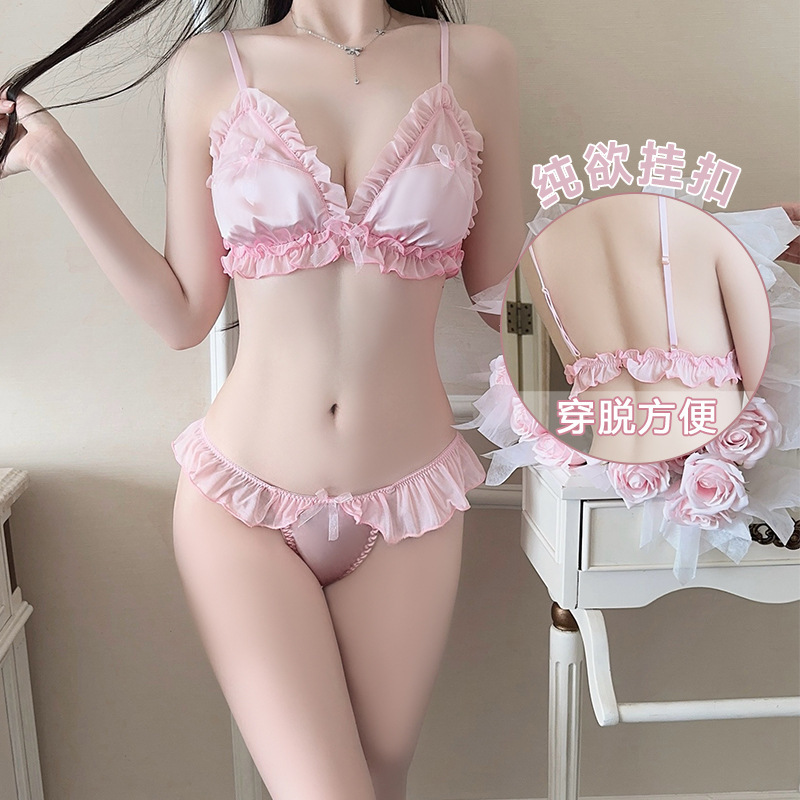 Rose Sexy Intimates Sexy Deep V Low-Cut Pure Desire See-Through Mesh Bra and Panties Three-Point Uniform Suit 19934