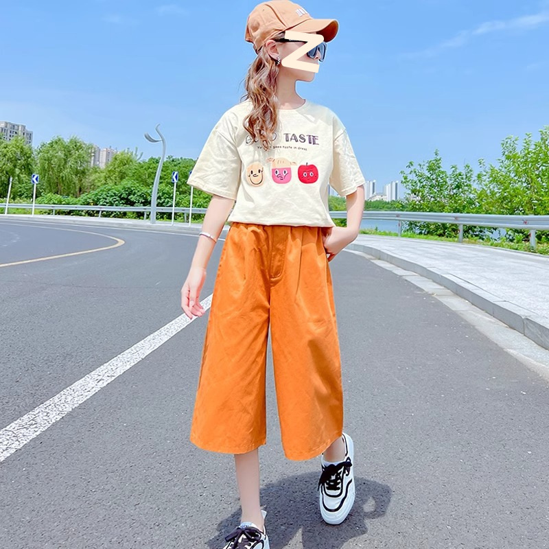 Girls' Summer Cropped Pants Set 2024 New Style Big Kids Cartoon T-Shirt Children's Pants Loose Sports Two-piece Trendy