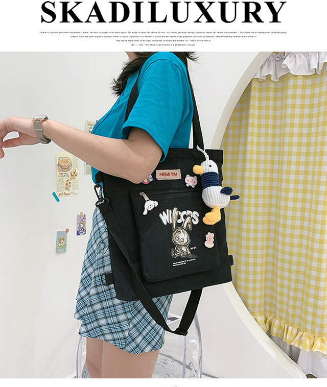 Canvas bag, single-shoulder, double-back, crossbody, multi-purpose student backpack, simple little dog, large-capacity hand-carry, college student tutorial bag undefined