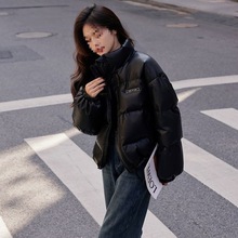PU皮羽绒服女短款2025年新款时尚立领宽松韩版白鸭绒冬季加厚外套