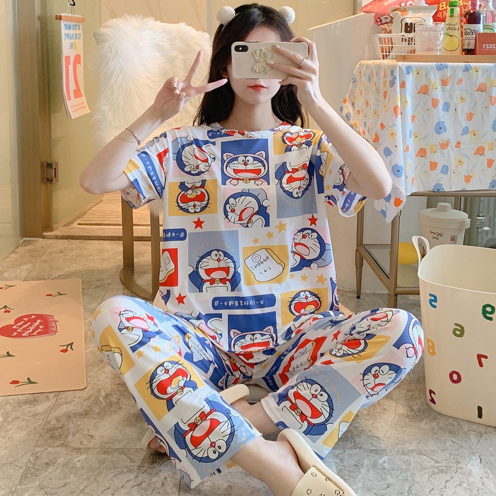 女性のためのパジャマ夏半袖韓国スタイル春と秋のかわいいズボン薄い 2025 ルーズホーム服セット大きいサイズ漫画