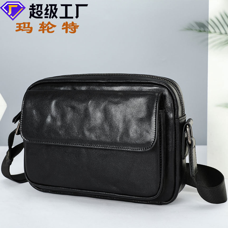 Túi đeo chéo nam da bò thật vân sần phối khóa kéo, kiểu dáng đứng ôm vừa iPad 10 inch — Mùa thu tự nhiên màu đen (kéo đơn), Da thuộc thực vật màu đen (kéo đơn)