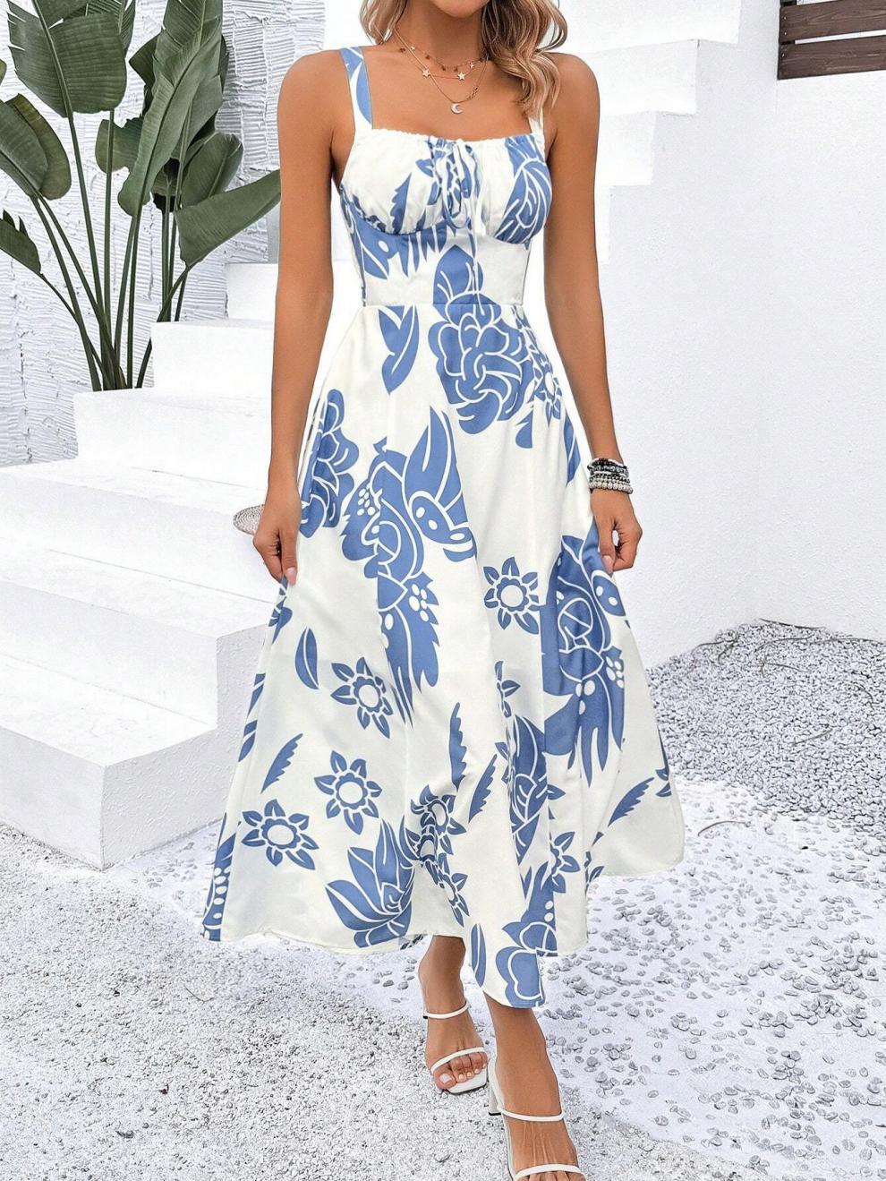 227g Weight Midi Dress Dress Length Type Sleeveless Sleeve Length Strap Dress Dresses Type Sleeveless Sleeve Type Polyester Fabric Type Elastic Waist Waist Line Holiday Occasion Strap Neckline Regular Fit Fit Type Flower Pattern Summer Season Women's Gender Streetwear Style Wholesale Women's Streetwear Flower Holiday Strap Sleeveless Strap Dress 无
