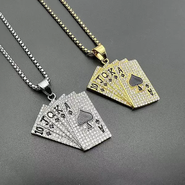 European and American Cross-border Hip Hop HIPHOP Jewelry Titanium Steel Vacuum Gold Plated Rhinestone Playing Card Flush Pendant Necklace