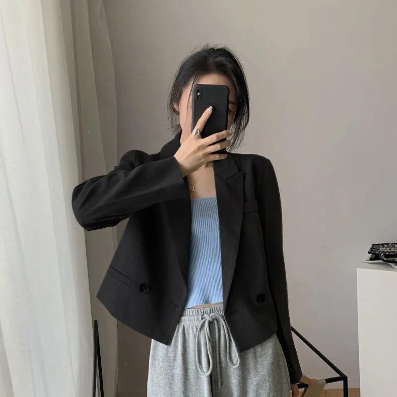 Black small suit jacket women's short college style student spring and autumn new small suit top women's clothing