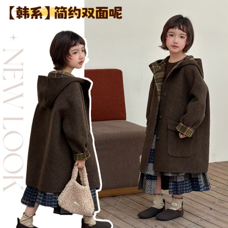 2026 New Korean Style Double-Sided Wool Coat for Boys and Girls, Retro Plaid Mid-Length Woolen Hooded Coat