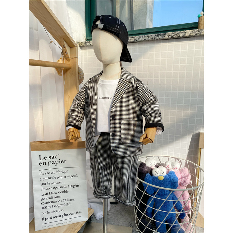 2024 tidig vår Koreansk klädsel Nya barnkläder för pojkar höstrutig kostym, byxor, kostym tvådelat set trendigt_voghion.com