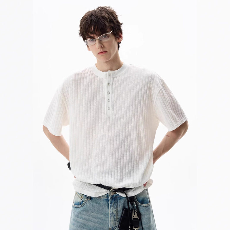 Korean Loose Casual Black Henley Collar Short-Sleeved T-Shirt Men's Summer Top High-End Textured Knitted T-Shirt