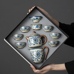 新しい青花汝窯茶器セット家庭用工夫茶器高級セットティーポットカッププレゼントセット