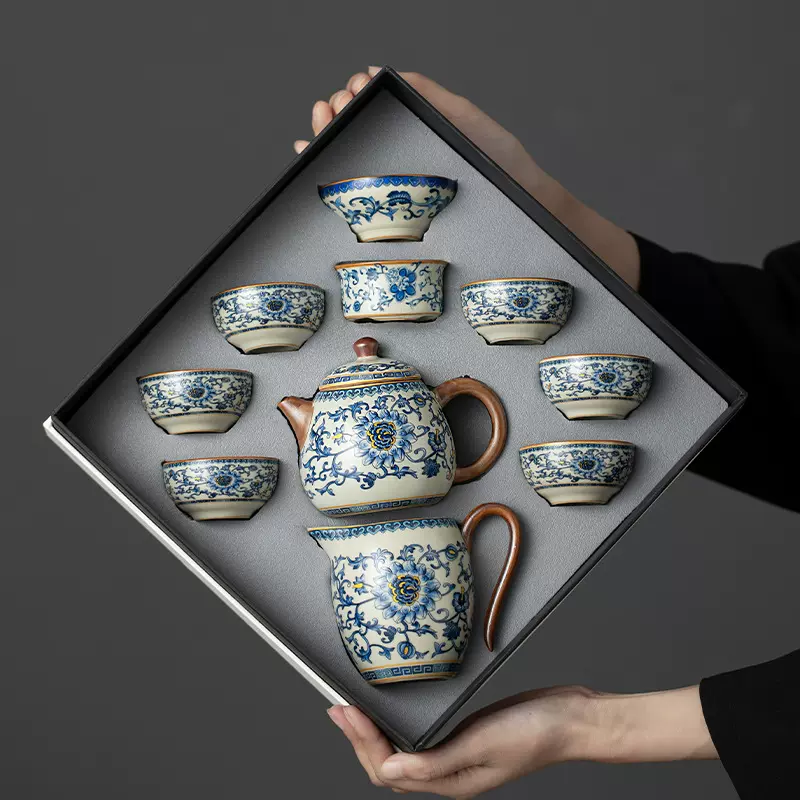 新款青花缠枝莲汝窑茶具套装家用功夫茶具高档整套泡茶壶茶杯送礼