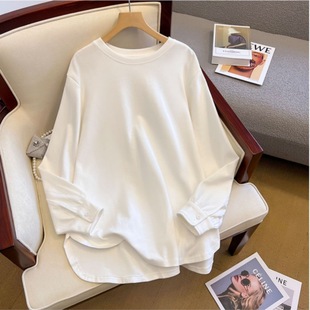 White mid-length long-sleeved T-shirt for women in autumn and winter plus velvet European goods with sweatshirt bottoming shirt and shark pants top