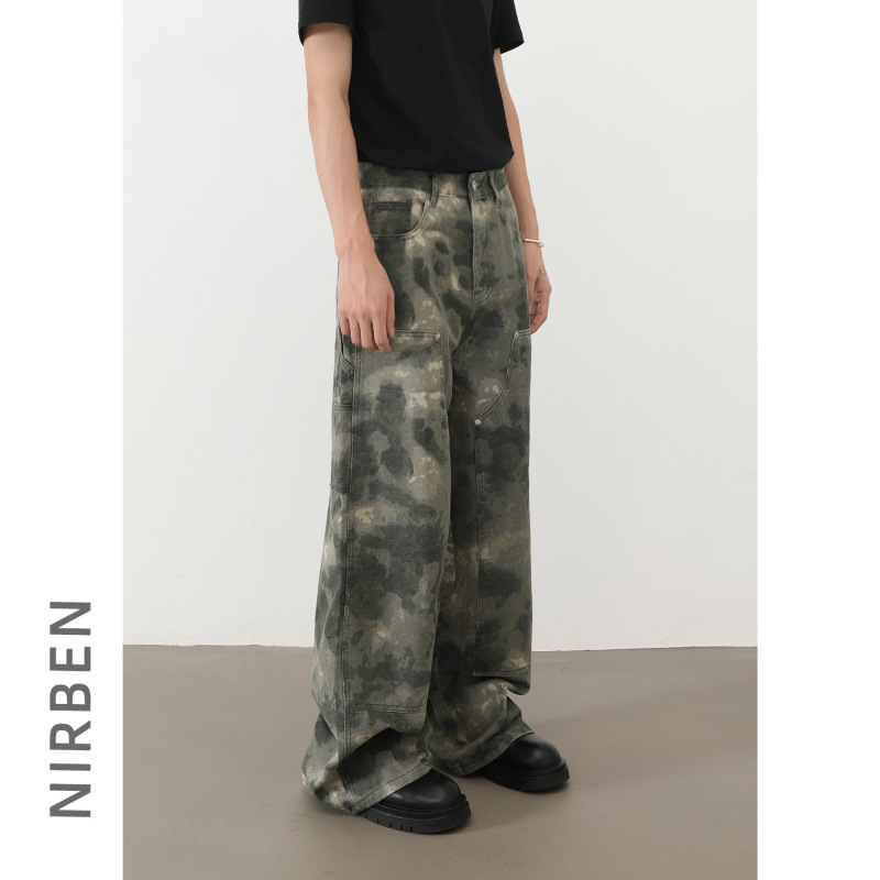 nirben | レトロアメリカン迷彩ブルーミング迷彩ジーンズメンズルーズストレートカジュアルオーバーオールトレンディ|undefined