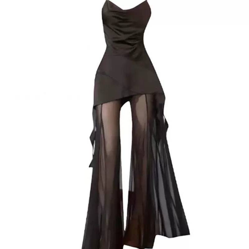 Плюс сайз: элегантный костюм для полных девушек, топ-камзол и широкие брюки из сетки, летний комплект из двух предметов