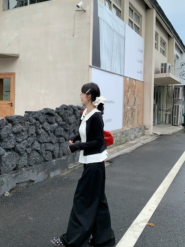 甜美风套装长袖开衫外套女娃娃领背心秋季黑色阔腿裤miu系三件套|undefined