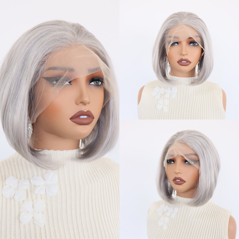 European and American Style Wigs for Women, Front Lace Granny Gray Bob Short Hair with Random Parting, Wholesale from Manufacturer