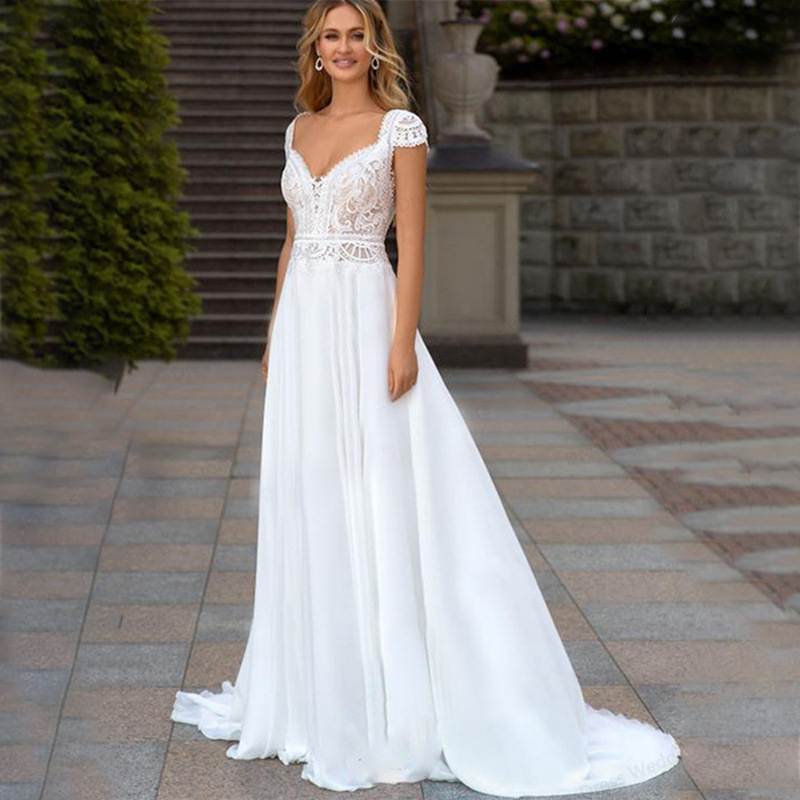 Spring and Summer cross-border European and American women's bohemian lace chiffon V-Neck Wedding dress Beach bridal dress factory direct sales Spring and Summer cross-border European and American women's bohemian lace chiffon V-Neck Wedding dress Beach bridal dress factory direct sales
