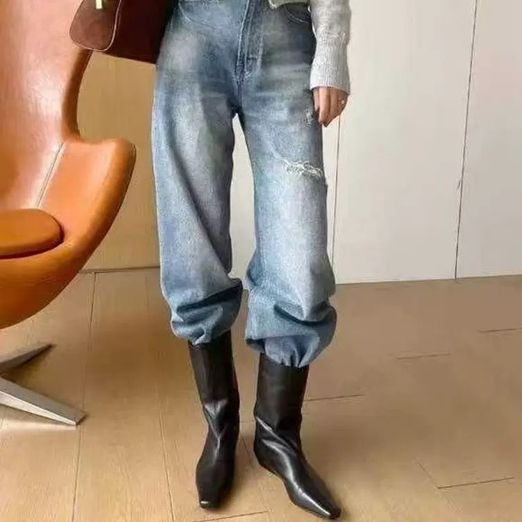 羊皮版~洋气真皮方头坡跟中筒靴女法式宽筒小踝靴骑士短靴马丁靴|undefined