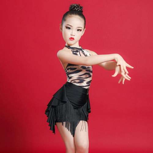 Girls kids black with leopard patchwork latin dance dresses sleeveless modern dance latin dance outfits for children