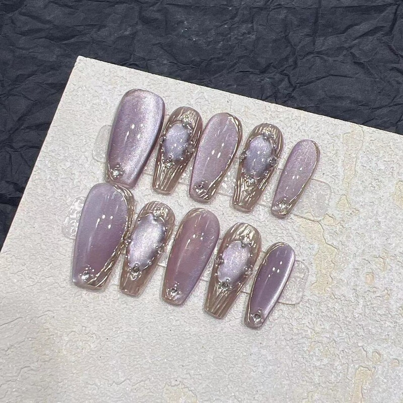 Purple Buccellati Handmade Wearable Nails, High-Grade Satin Cat-Eye Manicure, Phototherapy Nail Pieces, Removable