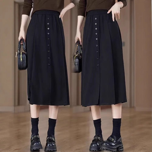 Black A-line women's skirt, half-length, summer, suitable for middle-aged mothers, pleated, versatile