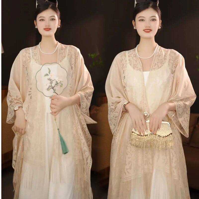 Qipao Shawl Cardigan 2026 Tassel Lace Versatile Hollow-Out New Chinese Style Coat Cape Dress Women's Cover-Up