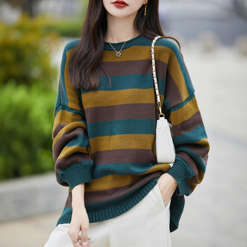 Korean Style Contrast Striped Sweater Women's Autumn and Winter New Loose Casual All-match All-cotton plus size Knitted Sweater Top for Women
