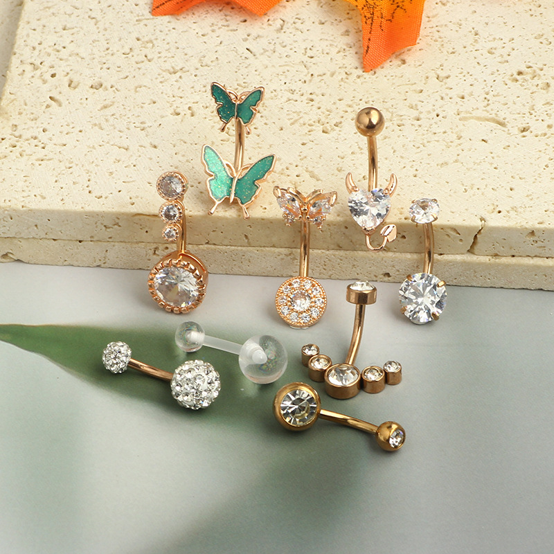 Wholesale Rose Gold Set Butterfly Stainless Steel Diamond CZ Flower Navel Ring Belly Button Piercing Jewelry 9-Piece detail image 7