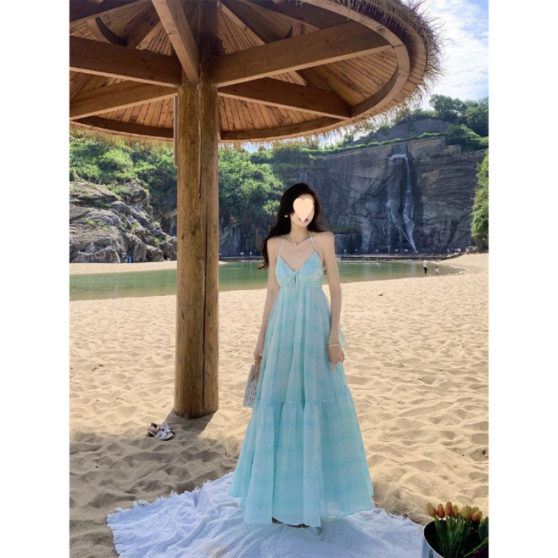 海边度假沙滩裙2025新款夏季温柔浪漫紫色吊带长裙露背镂空连衣裙|undefined