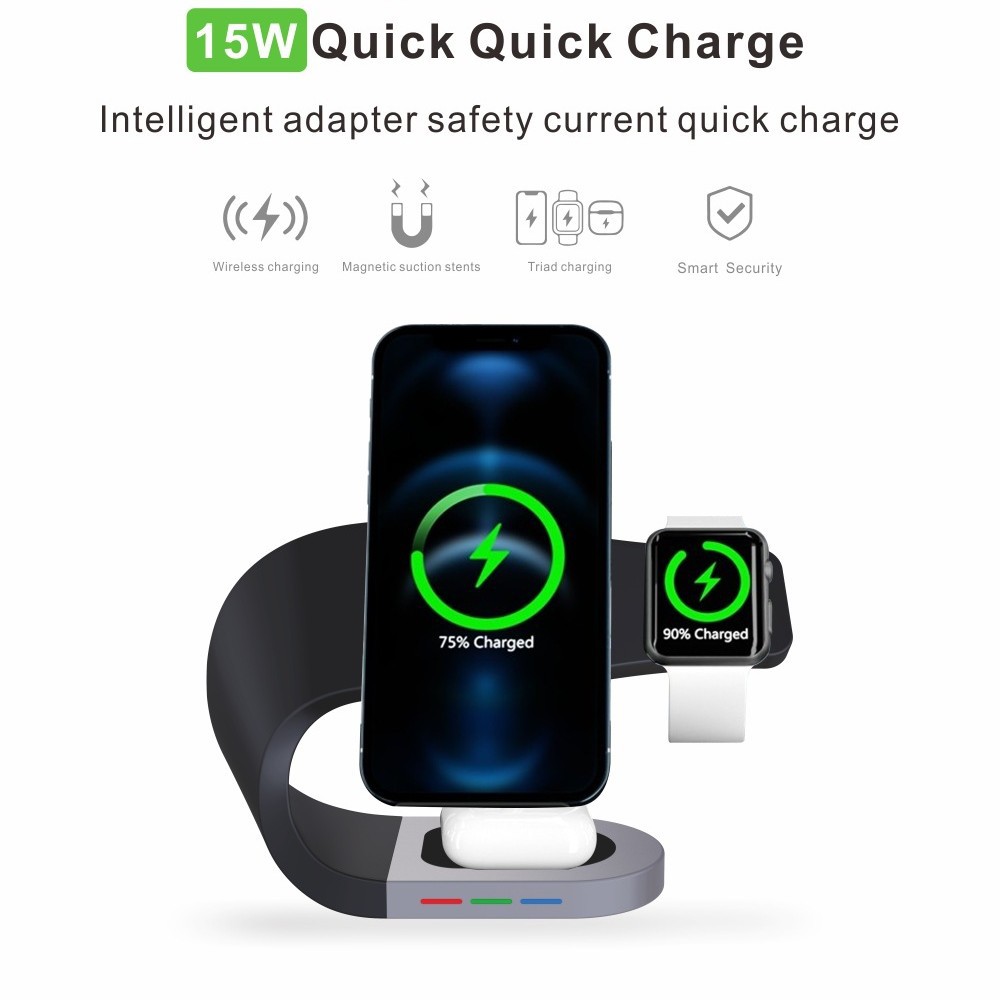 Creativo perezoso soporte magnético luz ambiental cargador inalámbrico tres en uno reloj auricular teléfono móvil cargador de carga rápida