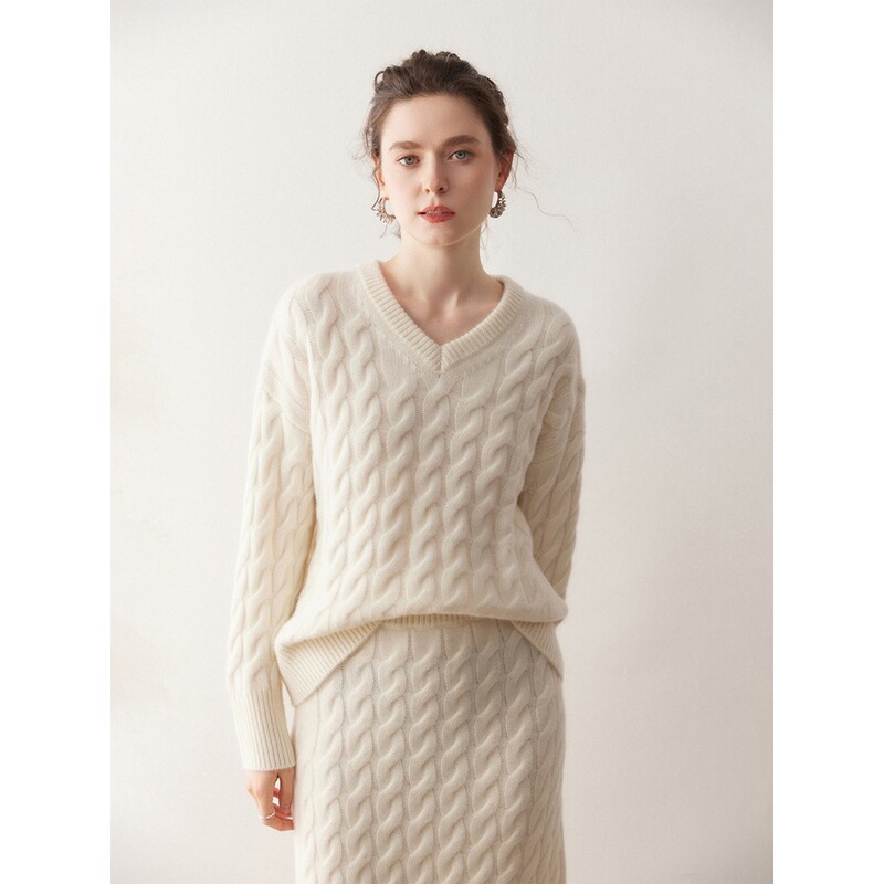 Cashmere Suit Two-Piece Autumn and Winter Women's V Neck Twist Sweater Skirt Pullover Knitted Versatile Suit Skirt