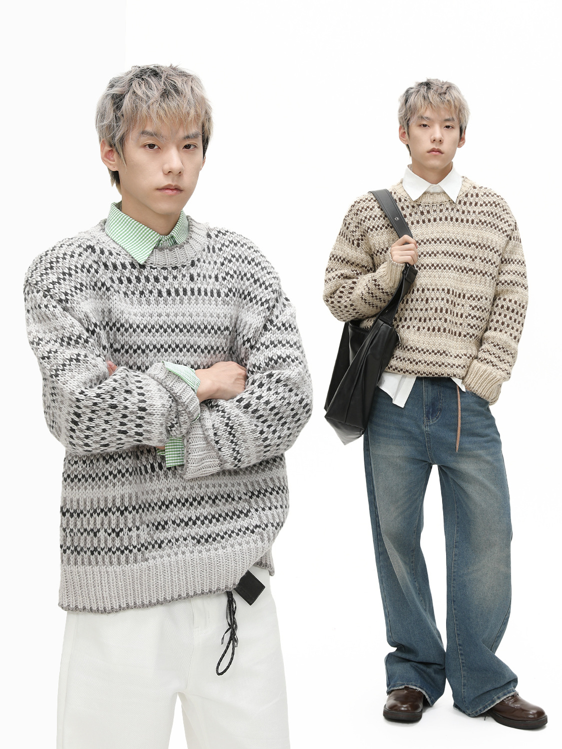 MTLCLOTHES Hombres| Suéter de contraste casual relajado, suéter de cuello redondo de lana suave para hombres y mujeres