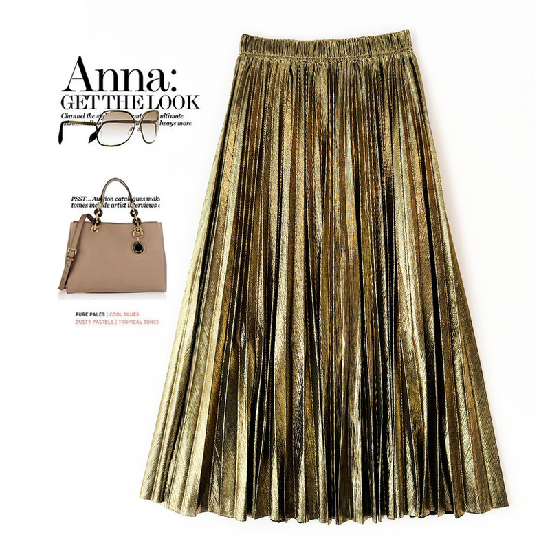 Metallic Mercerized Skirt European Station Cross-Border E-Commerce Pleated Skirt Women's Mid-Length Draped A-Line Brushed Skirt