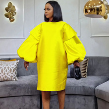 跨境非洲外贸大码女装时尚纯色宽松休闲显瘦泡泡袖仿真丝连衣裙女