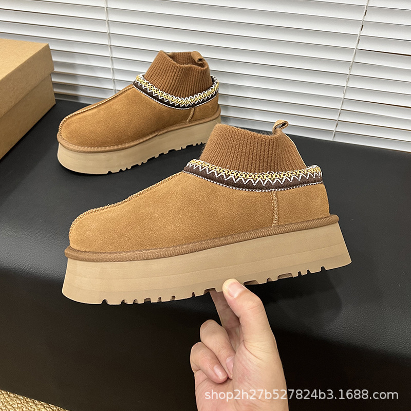 Cross-Border Thick-Soled Tatz Socks-Style Ethnic Snow Boots for Women, Genuine Leather with Real Fur, Thick-Soled Height-Increasing Snow Boots