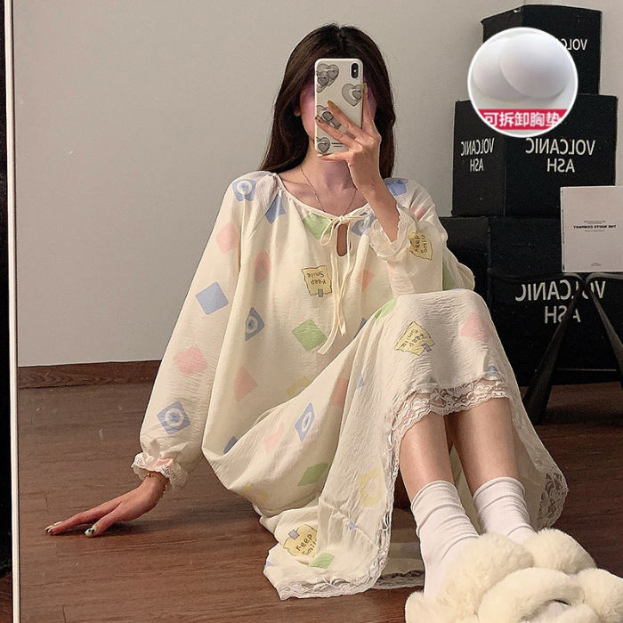 Primavera y otoño nubes de algodón pijama de mujer sobre la rodilla simple rayas de arco iris con cojín de pecho desmontable pijama casero