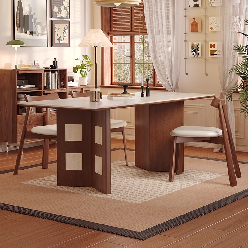 Mesa de comedor Carmen de madera maciza de estilo medio, tablero de roca travertino 2024 nuevo hogar pequeño apartamento francés retro familia nórdica