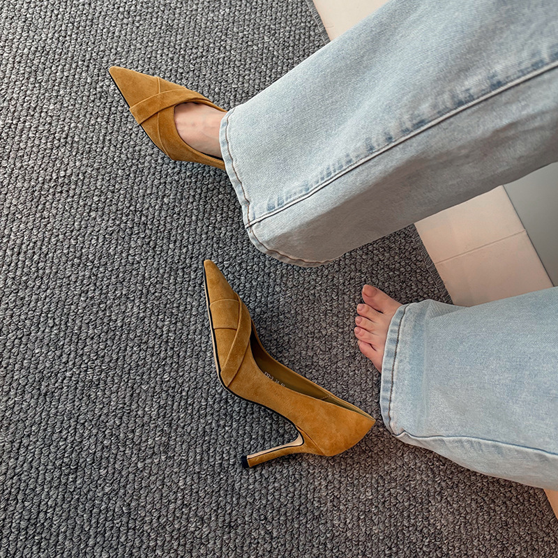 Zijin~Light Mature Style Suede Shallow Pointed Toe Stiletto Heels 2026 Spring/Summer New Retro Commuter Style Shoes