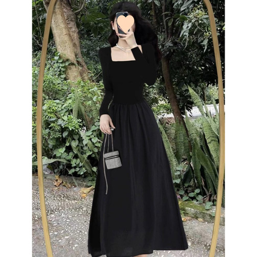 Black Tea Party French Dress Spring Women's New High-End Hepburn Style Elegant Square Collar Slimming Long Dress