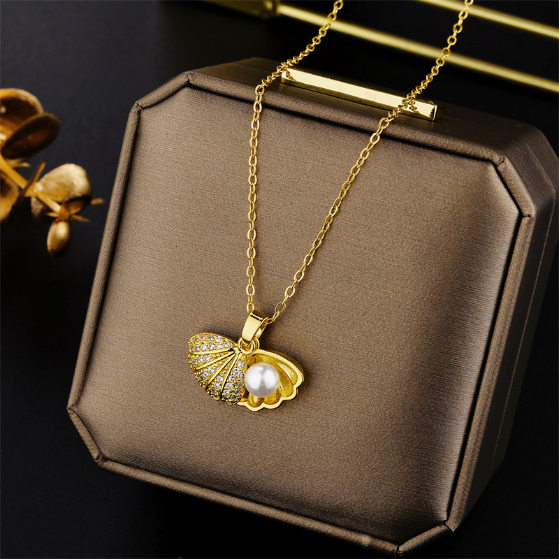 Copper Pendant Material Zircon Inlay Material Necklace Classification 304 Stainless Steel Chain Material PVD Coated Real Gold Plated Shell Stainless Steel Fashion Waterproof Non Tarnish Necklace
