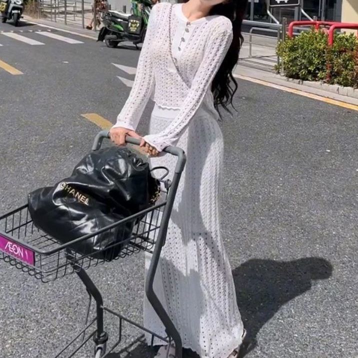 2025超火穿搭一整套早秋季女小香风白色镂空针织衫半身裙两件套装|undefined