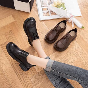 First-Layer Cowhide British Fashion Women's Shoes 2025 Spring New Round-Toe Thick-Soled Shoes Versatile Retro Small Leather Shoes