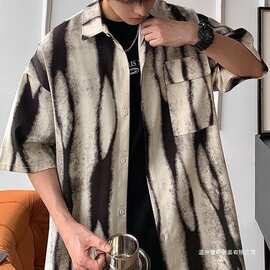 扎染衬衫男短袖夏季薄款日系复古感痞帅五分袖衬衣宽松外套潮