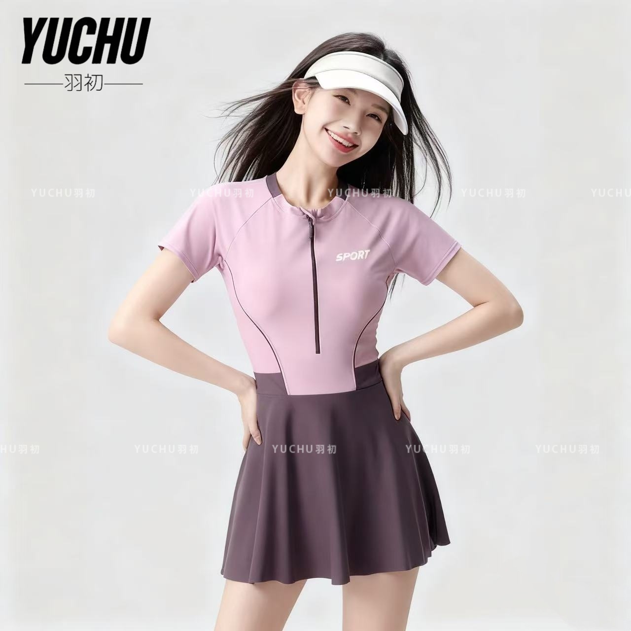 2025 New Swimsuit Women's Conservative Sports One-Piece Skirt Swimsuit Boxer Cover Belly Slimming Look Sun Protection Swimsuit Vacation