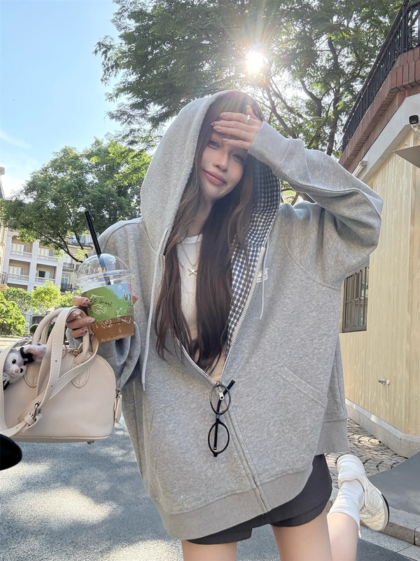 美式慵懒设计感撞色格子连帽卫衣外套女秋季宽松百搭开衫休闲上衣|undefined