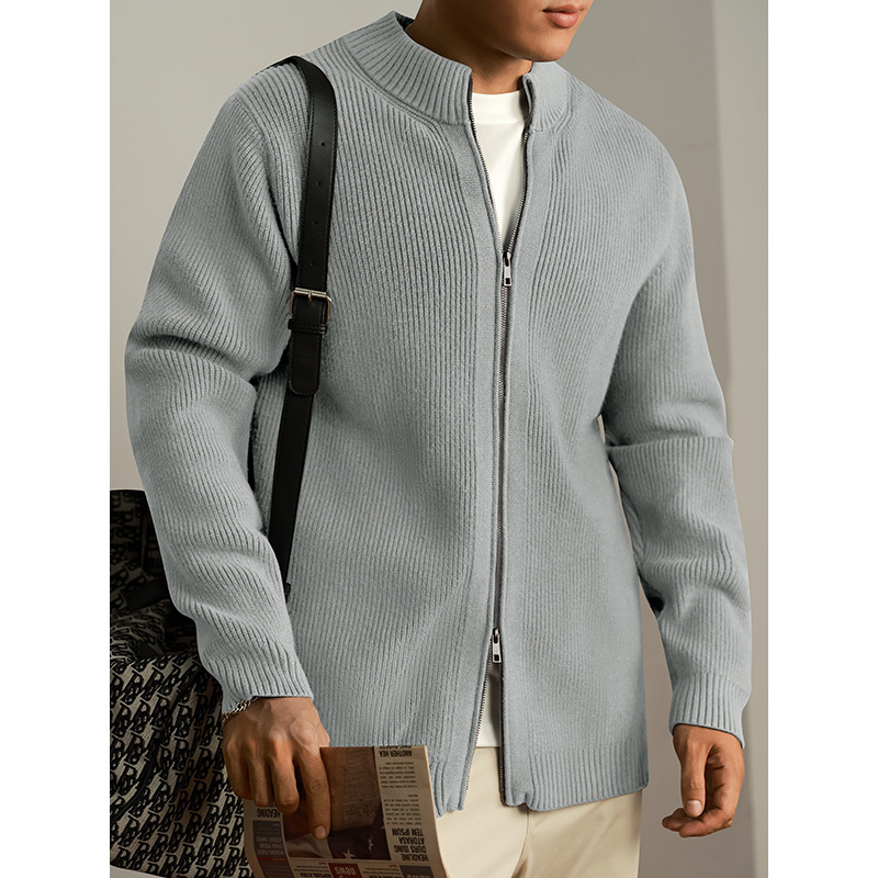 Half-High Collar Double Zipper Cardigan Sweater Jacket for Men, Spring and Autumn Loose Solid Color Stand-Up Collar Knitwear Top for Men