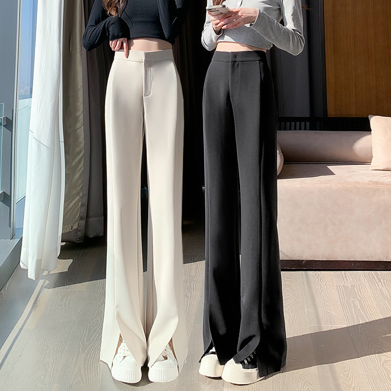 Spring and Autumn Black Narrow Wide Leg Pants High Waist Slimming Dose Women's Split Horned Pants Straight Casual Suit Pants