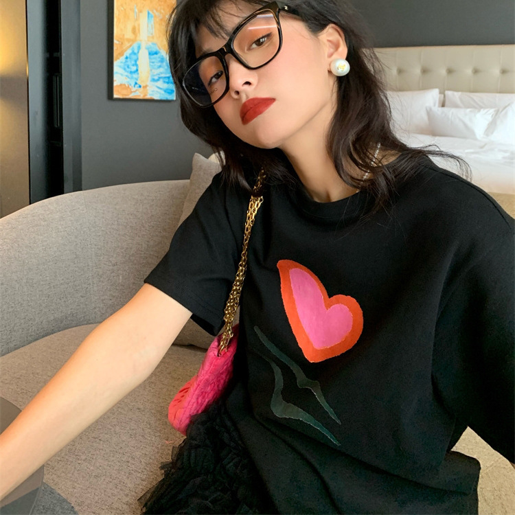 2025 Spring and Summer Pure Cotton Short-Sleeved T-Shirt for Women Ins Trendy Korean Dongdaemun Loose Large Size Black Half-Sleeved Top 2025 Spring and Summer Pure Cotton Short-Sleeved T-Shirt for Women Ins Trendy Korean Dongdaemun Loose Large Size Black Half-Sleeved Top