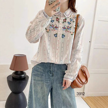 秋装新款文艺刺绣衬衫女长袖翻领衬衣宽松显瘦上衣单排扣减龄百搭