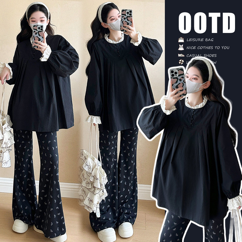 Maternity 2025 Spring New Shirt Doll Collar Lace Stitching Top Polo Dot Pants Pregnant Women suit Two-piece Set