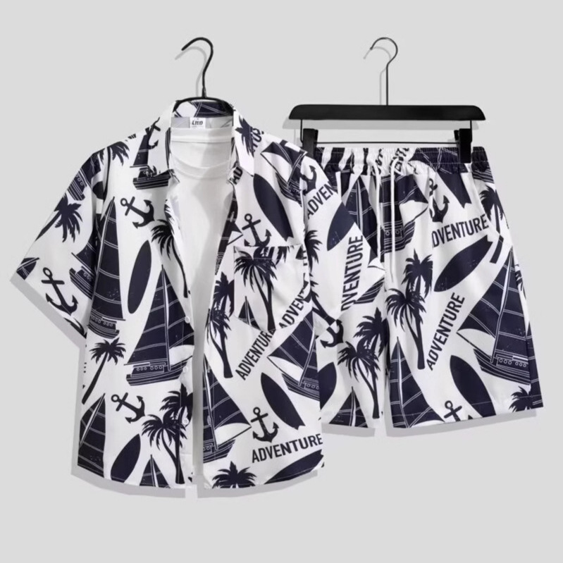 홍콩 스타일 복고풍 캐주얼 스포츠 정장 남성 반팔 꽃 셔츠 여름 Weiyi 태국 커플 반바지 비치웨어